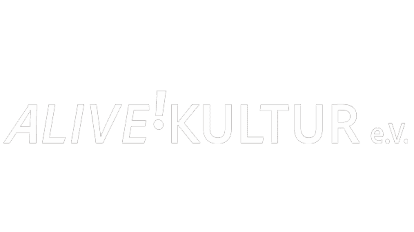 Weißer Hintergrund mit den Worten ALIVE! KULTUR e.V. in Großbuchstaben in der Mitte geschrieben. Das Ausrufezeichen in ALIVE! ist rosa, während der Rest des Textes hellgrau ist.