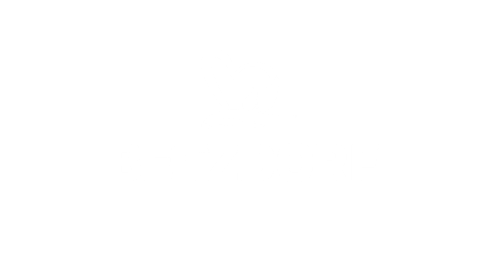 Das Bild zeigt das Wort BETZDORF in fetten weißen Buchstaben mit einer Herzform und einem Blattmuster darüber, alles auf einem hellgrauen Hintergrund.
