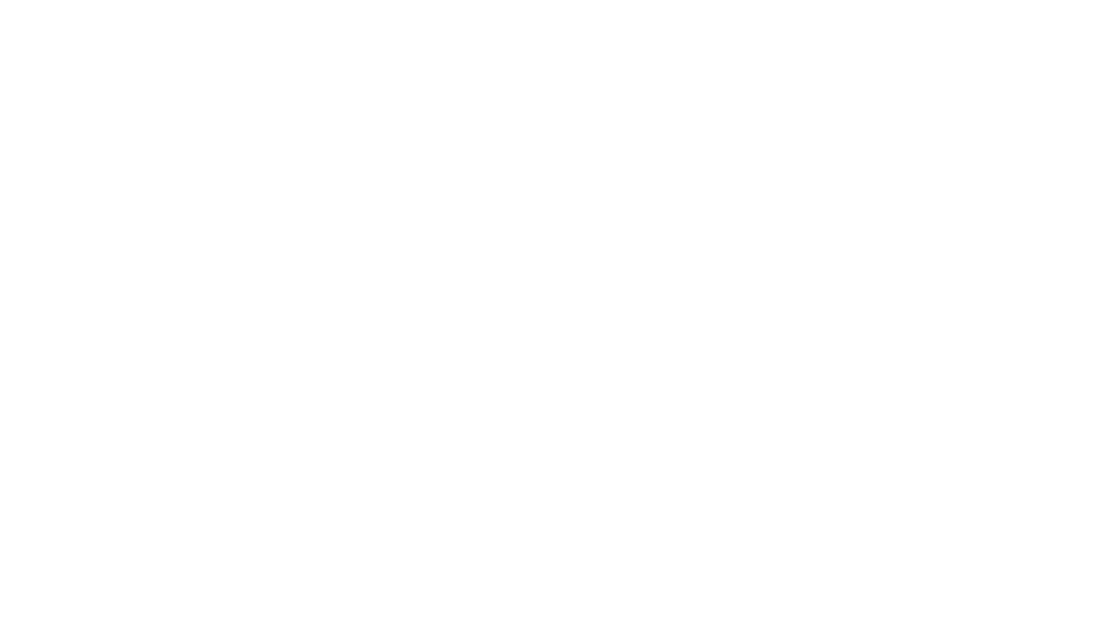 Weißer Hintergrund mit dem Wort BLOCKCHANCE in fetten weißen Großbuchstaben, zentriert unter einem geometrischen sechseckigen Logo, das aus ineinandergreifenden Linien besteht.