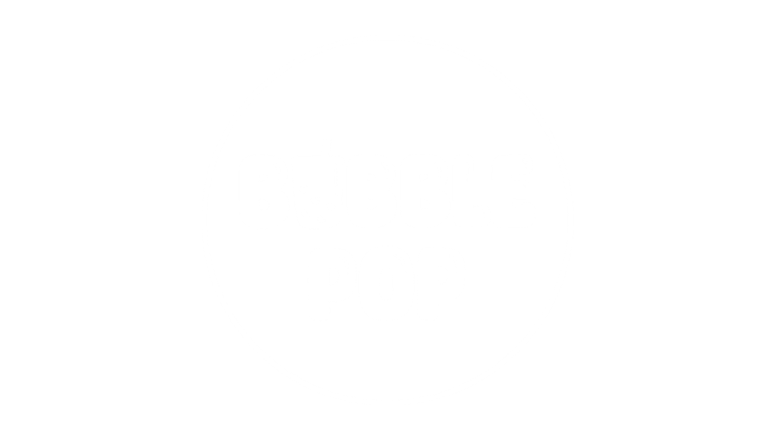 Weißes kreisförmiges Logo auf hellgrauem Hintergrund mit dem Schriftzug "Bubble Pop" in fetten, runden Buchstaben. Das erste U ist als Tasse mit Strohhalm und Tapioka-Perlen stilisiert und steht für Bubble Tea.