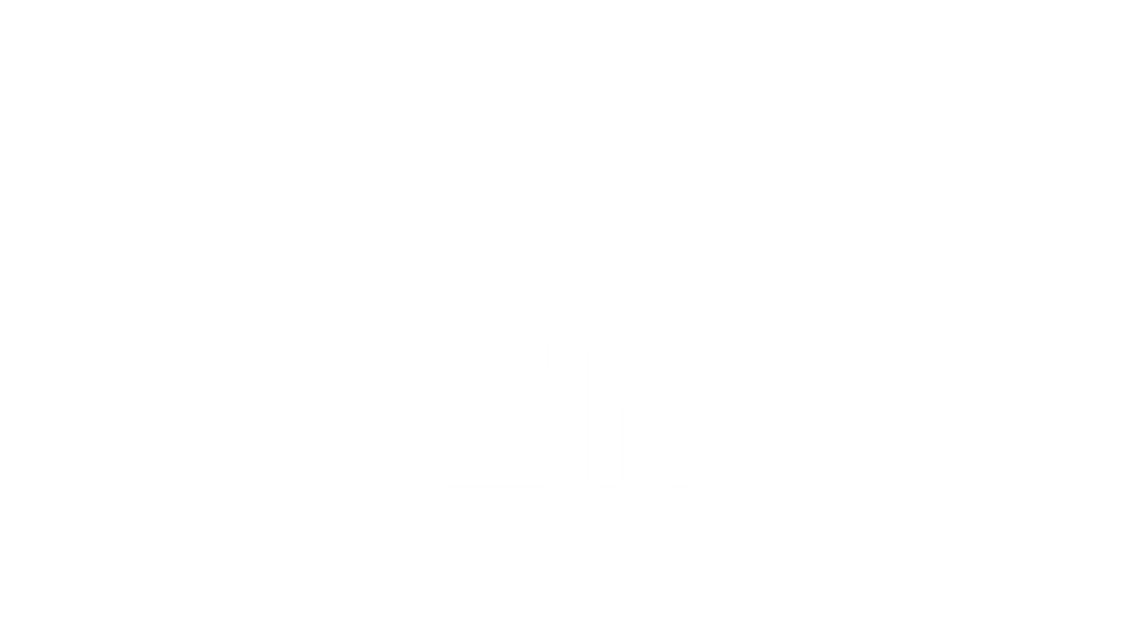 Weißes DAZN-Logo mit fetten Blockbuchstaben DAZN in einer quadratischen Formation auf einem hellgrauen Hintergrund. Das Logo ist zentriert und mit einem weißen Rand umrandet.