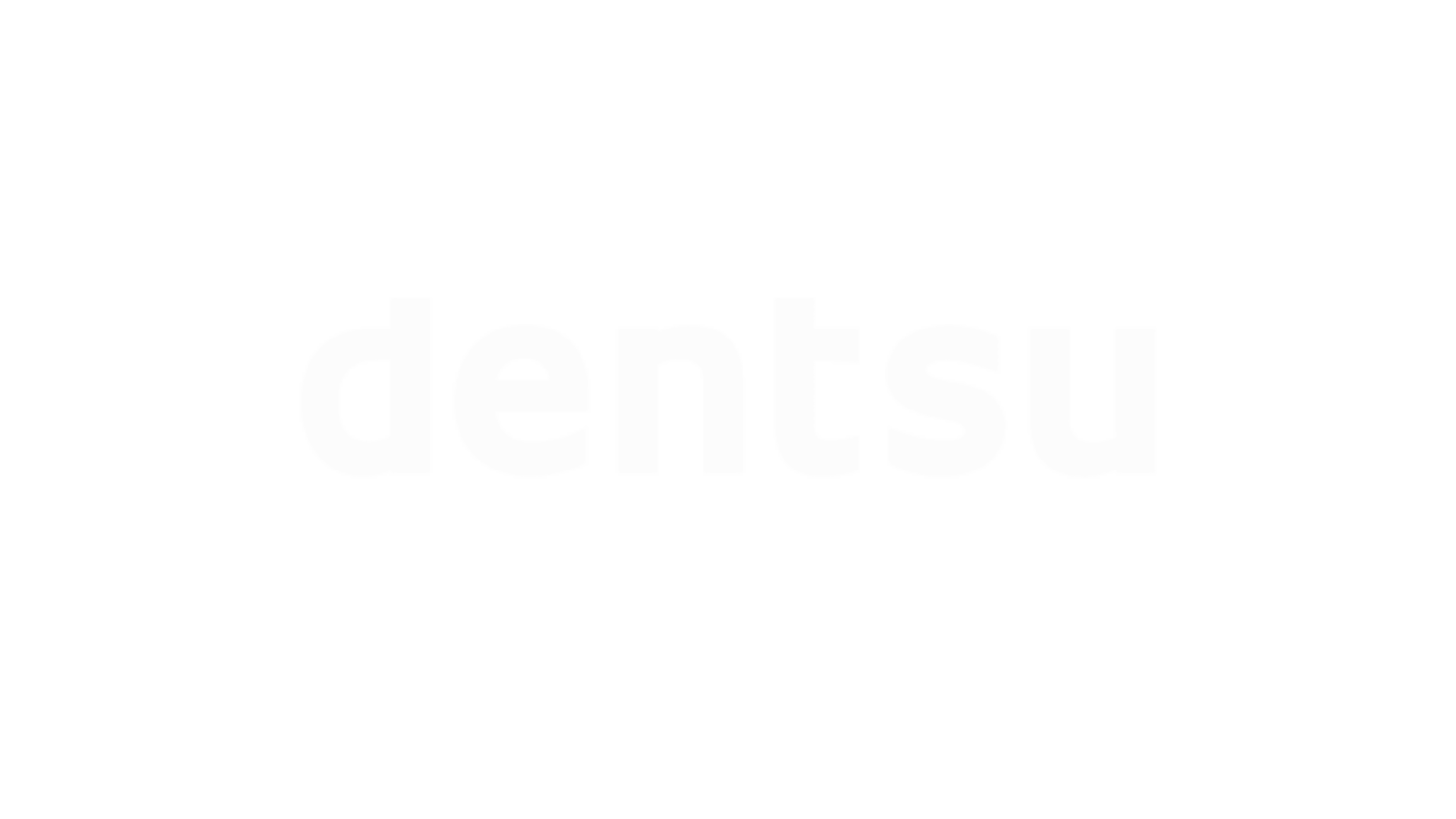 Das Bild zeigt das Wort dentsu in schlichten weißen Kleinbuchstaben, zentriert auf einem hellgrauen Hintergrund.