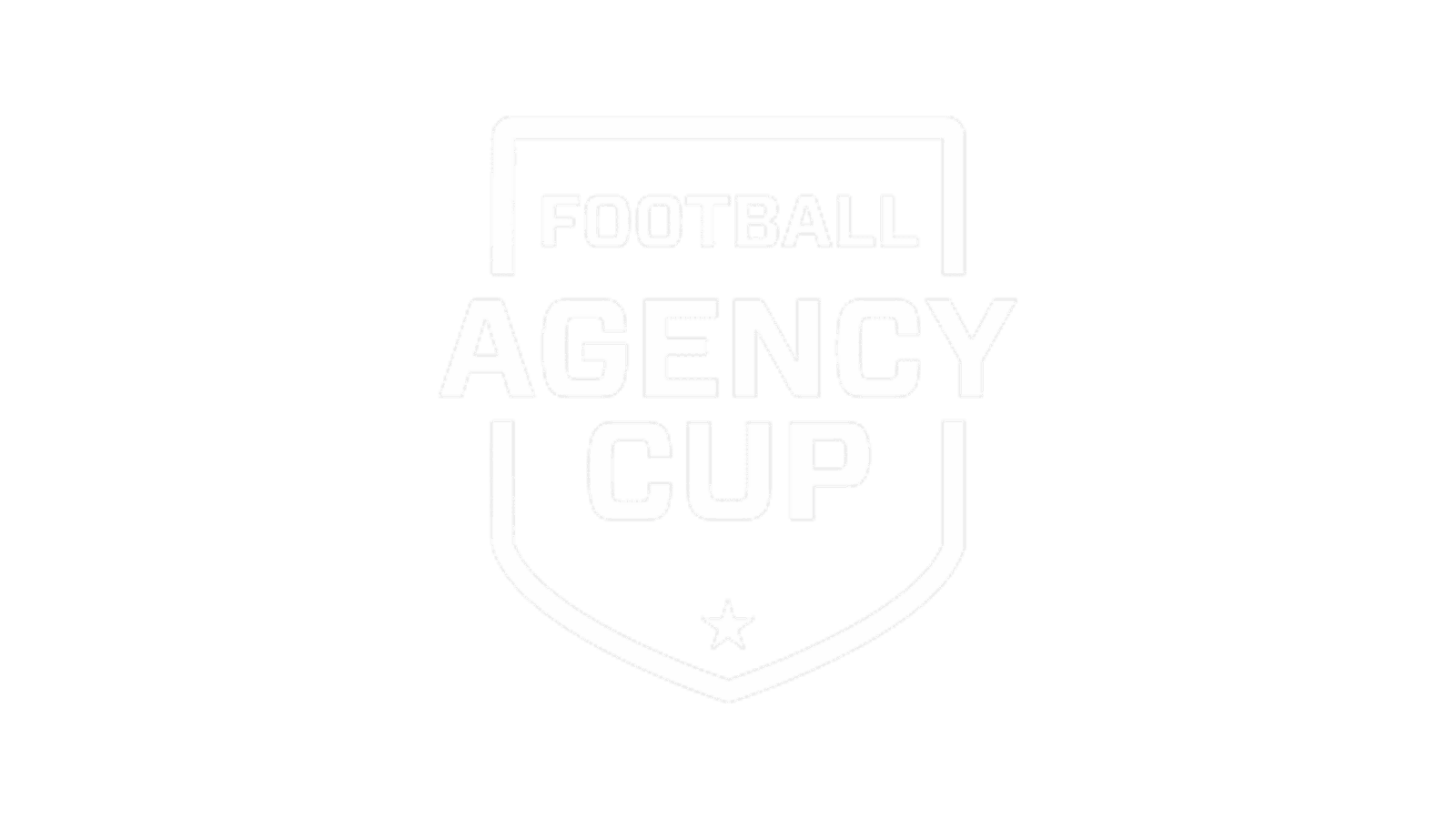 Weißes Logo mit dem Schriftzug Football Agency Cup in fetten Großbuchstaben, angeordnet innerhalb des Umrisses eines Schildes mit einem kleinen Stern am unteren Rand, auf hellgrauem Hintergrund.