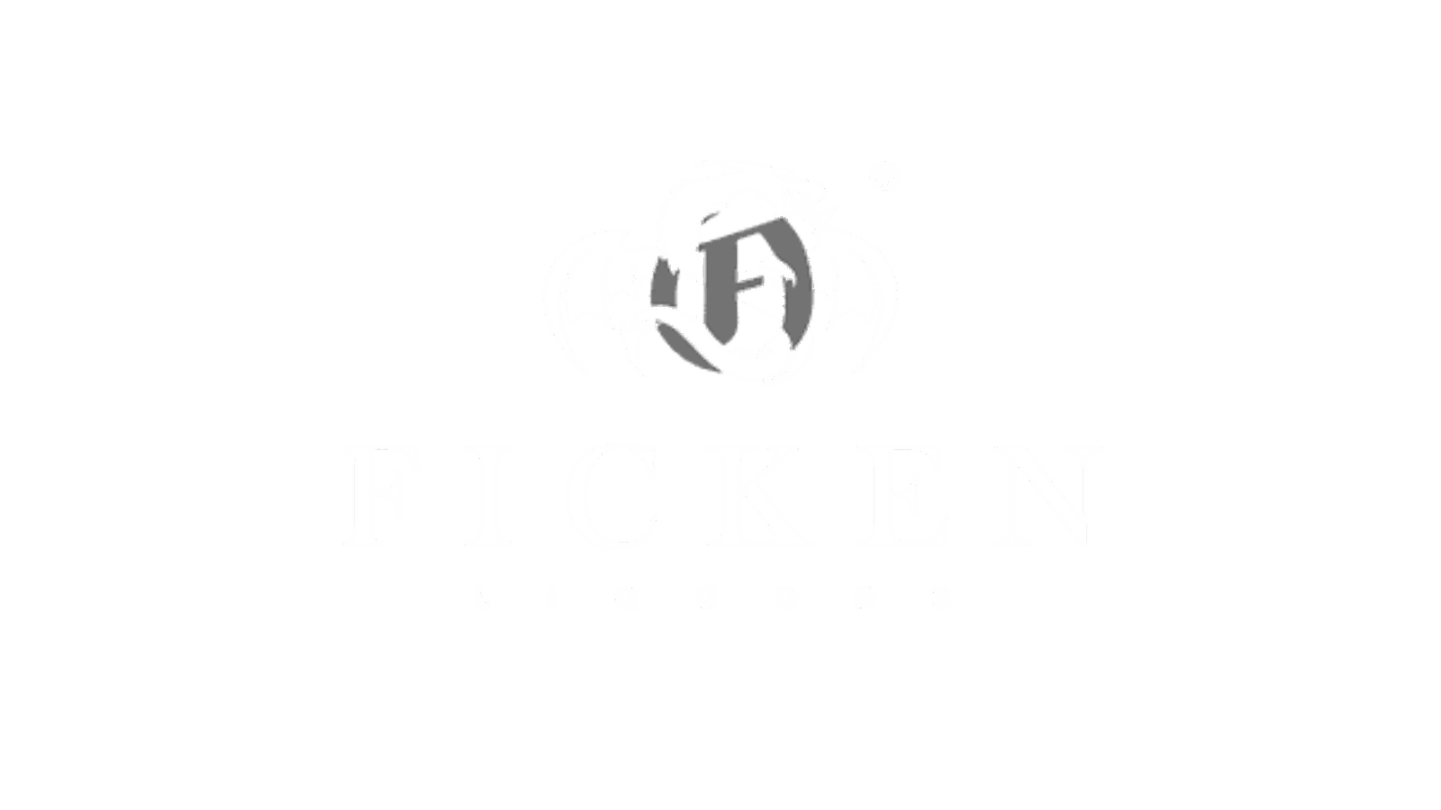 Graues und weißes Logo für Ficken Liquors mit einem stilisierten Drachen, der den Buchstaben F über dem Markennamen in Großbuchstaben umkreist, alles vor einem hellgrauen Hintergrund.