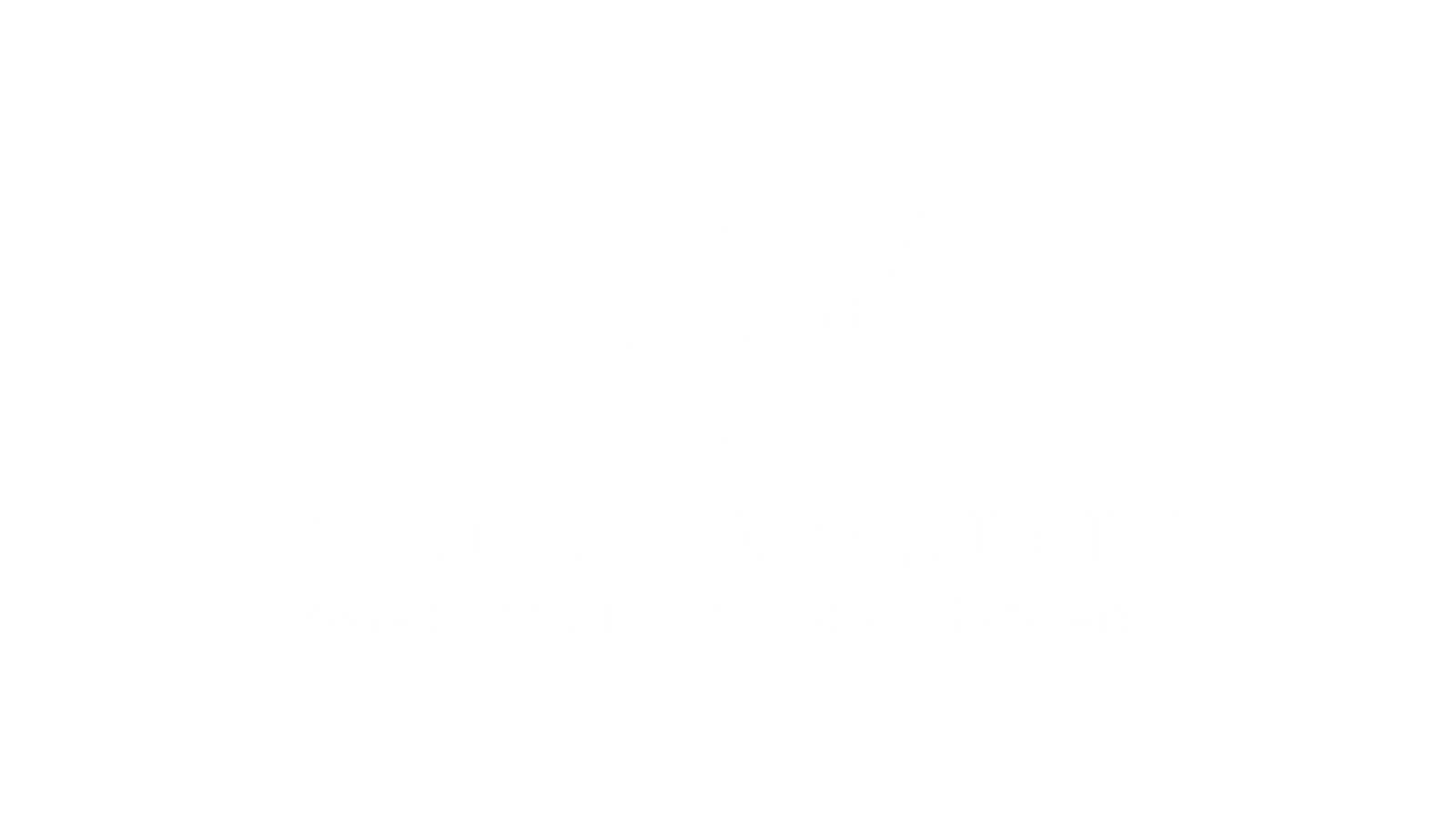 In der Mitte des hellgrauen Hintergrunds befindet sich ein weißes Logo mit einer Gabel, einem Rad und einem Messer über dem Text GENUSSWERKSTATT. Darunter stehen die Worte CAR-RESTAURANT | OFFICE SPACE | EVENTS.