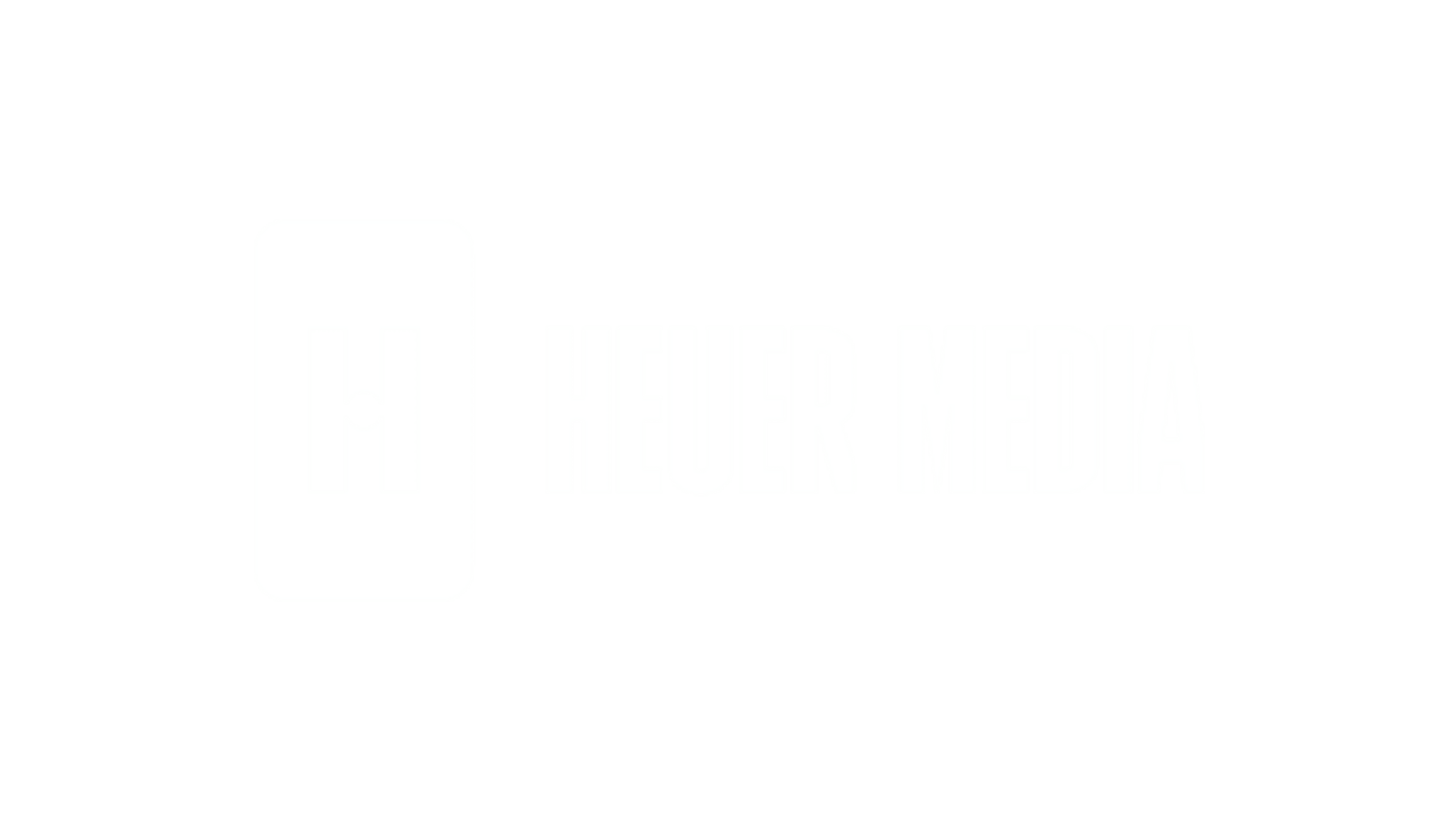 Weißer Hintergrund mit dem Schriftzug HEUER MEDIA in fetten Großbuchstaben. Auf der linken Seite befindet sich ein rechteckiges Symbol mit einem großen H in der Mitte. Alle Elemente sind hellgrau und zentriert.