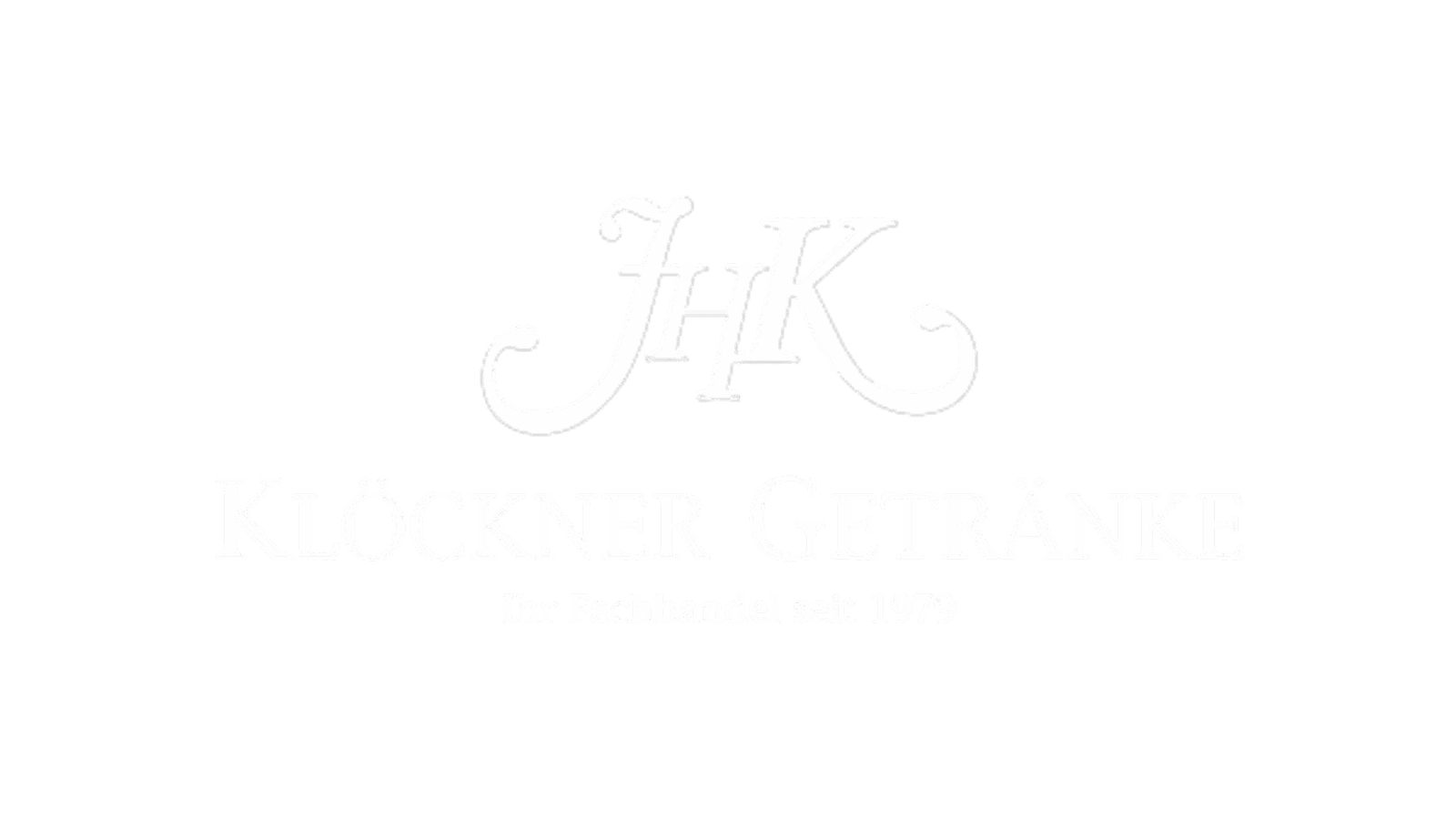 Weißes Logo auf hellgrauem Hintergrund mit den Initialen JHK über dem Schriftzug Klöckner Getränke und dem kleineren Text Ihr Fachhandel seit 1979 darunter.