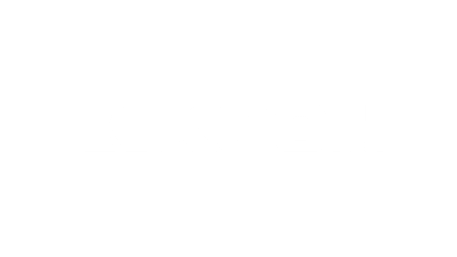 Weiße Großbuchstaben mit der Aufschrift KOCH sind auf einem hellgrauen Hintergrund zentriert. Links vom Text befindet sich ein geometrisches Logo, das aus zwei Formen besteht, die den stilisierten Buchstaben Ks ähneln.