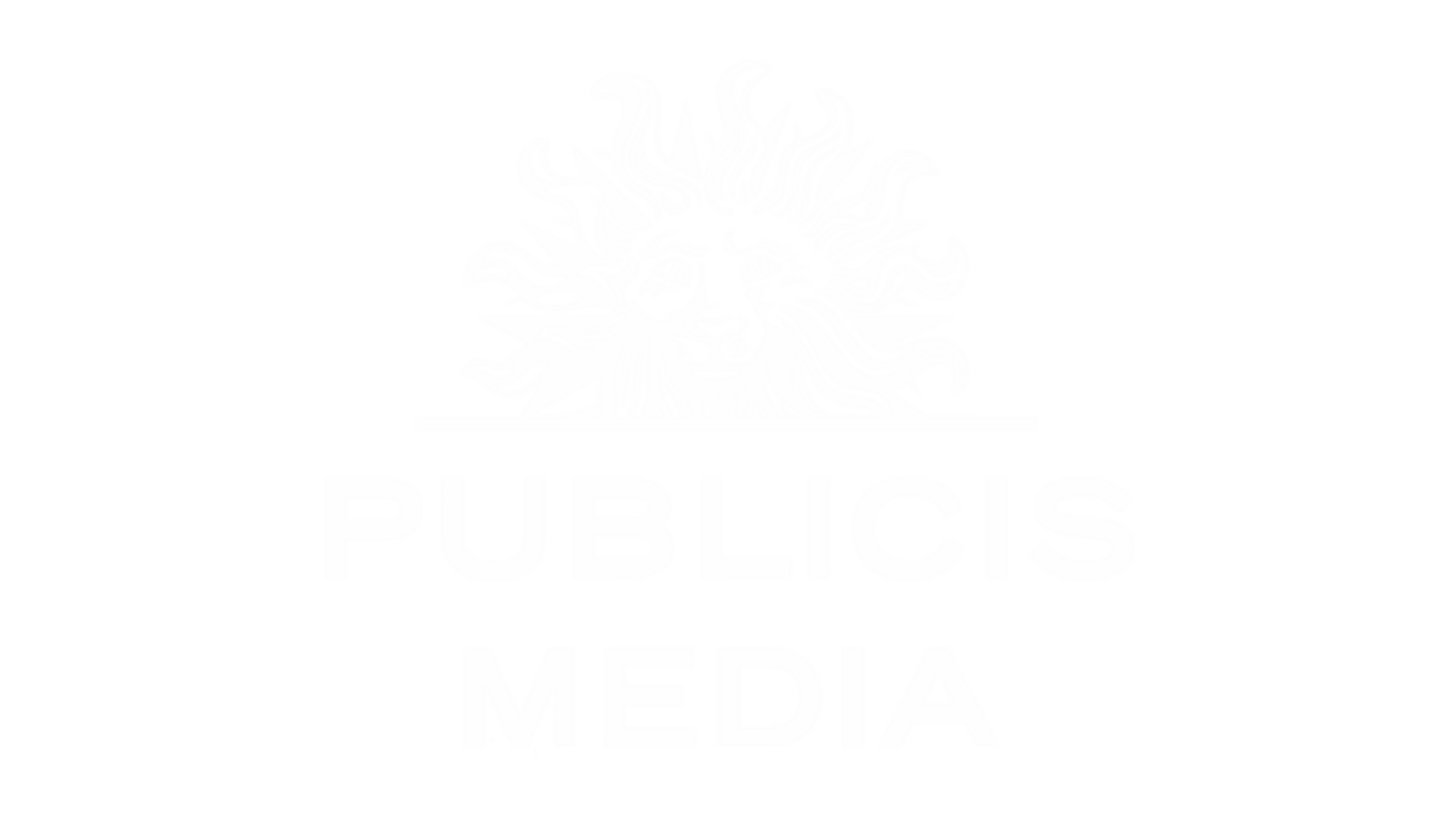 Das Bild zeigt das Logo von Publicis Media, das einen stilisierten Löwenkopf mit nach außen gerichteten Strahlen über dem Schriftzug "PUBLICIS MEDIA" in Großbuchstaben auf hellgrauem Hintergrund darstellt.