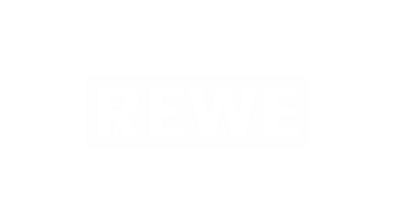 Ein graues Rechteck, in dessen Mitte das Wort REWE in fetten, weißen Großbuchstaben steht. Der Hintergrund ist hellgrau und einfarbig.
