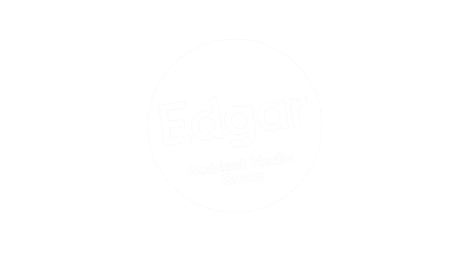 Ein weißer Kreis mit dem schwachen Text Edgar Ambient Media Group in der Mitte, vor einem hellgrauen Hintergrund.