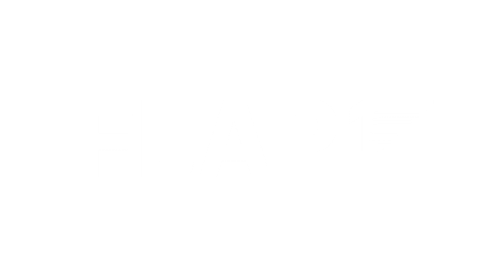 Der weiße Text auf hellgrauem Hintergrund lautet FLAP1. Die Zahl 1 weist ein stilisiertes Design mit horizontalen Linien auf, die einer Bewegung oder Flügeln ähneln und sich nach rechts erstrecken.
