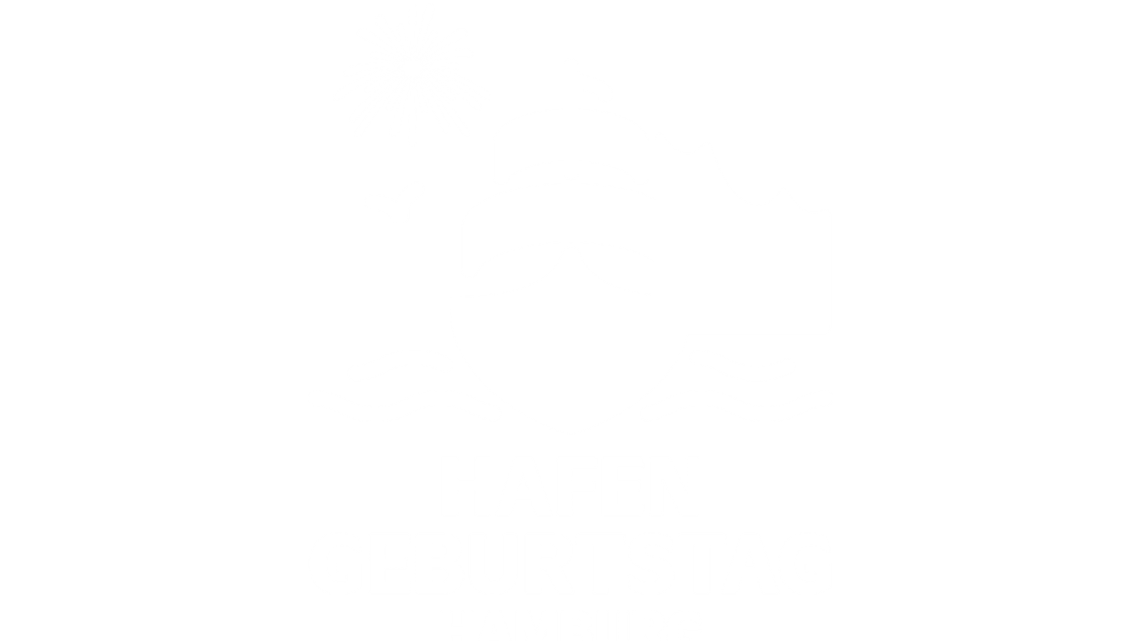Weißes grafisches Logo mit einem Schiff, Wellen, Feuerwerk und einem Vogel, mit dem Text HAFEN GEBURTSTAG HAMBURG unter der Illustration, alles auf hellgrauem Hintergrund.