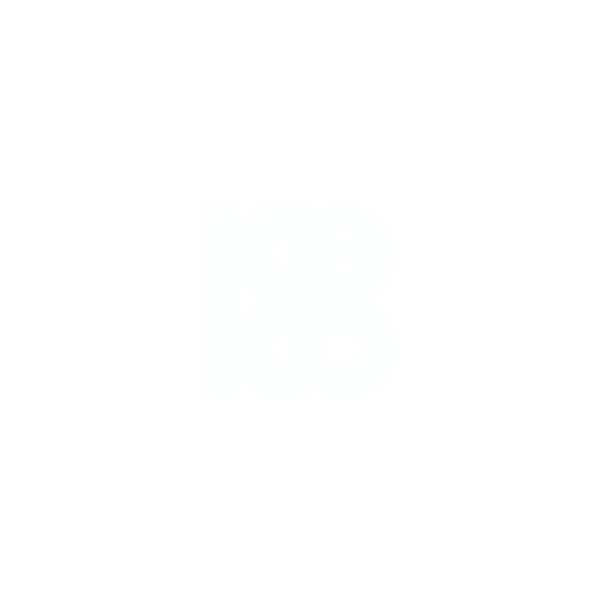Weißer Text mit der Aufschrift keko in einer gestapelten, fetten serifenlosen Schrift erscheint zentriert auf einem sehr hellgrauen Hintergrund. Die Buchstaben sind groß, und der Text ist teilweise transparent.